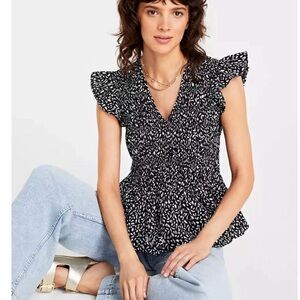 On 34th - Flutter Sleeve Smocked Peplum Blouse - Abstract Print -Large EUC